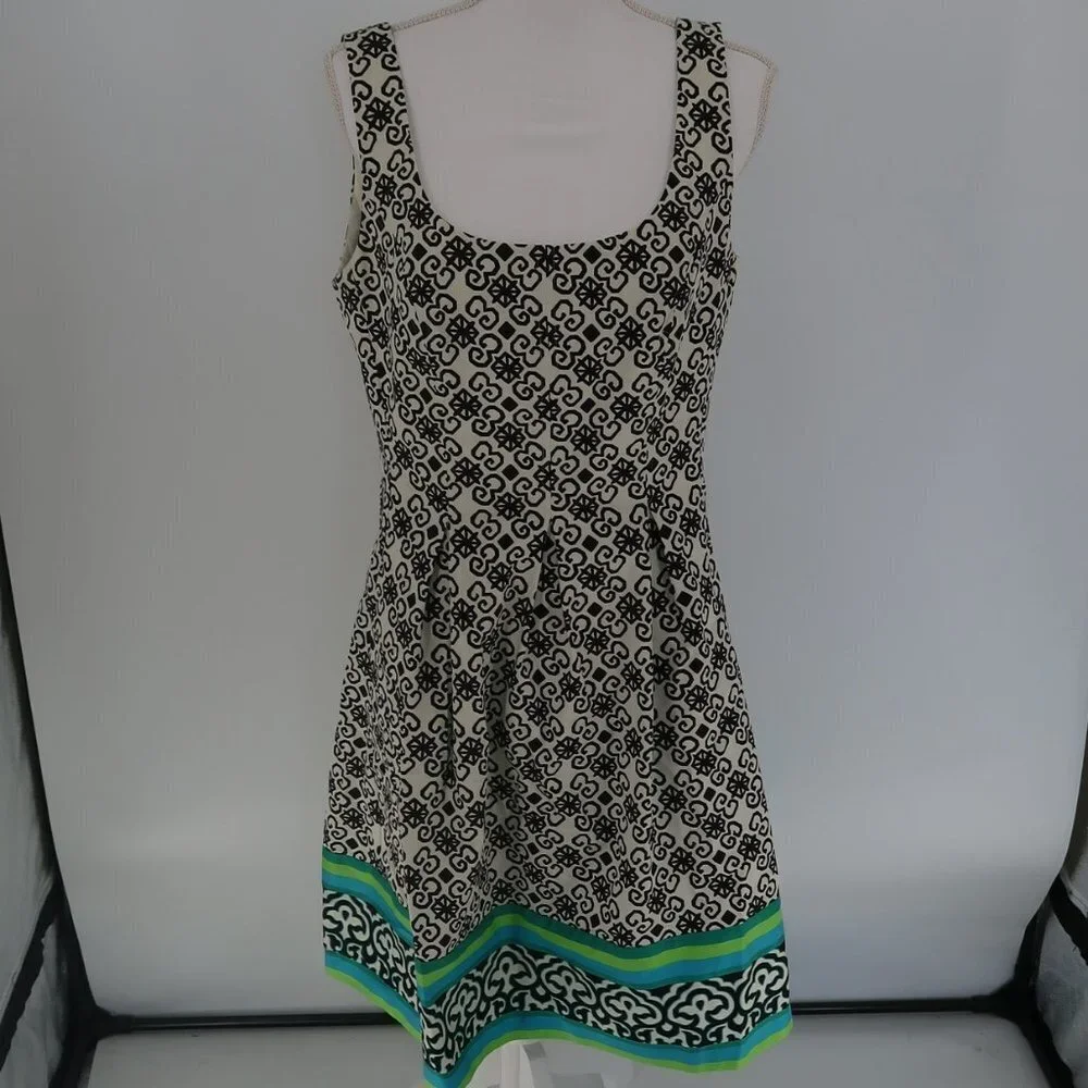 Nine West Black White w Teal/Green Stripes Sun Dress Size 12
